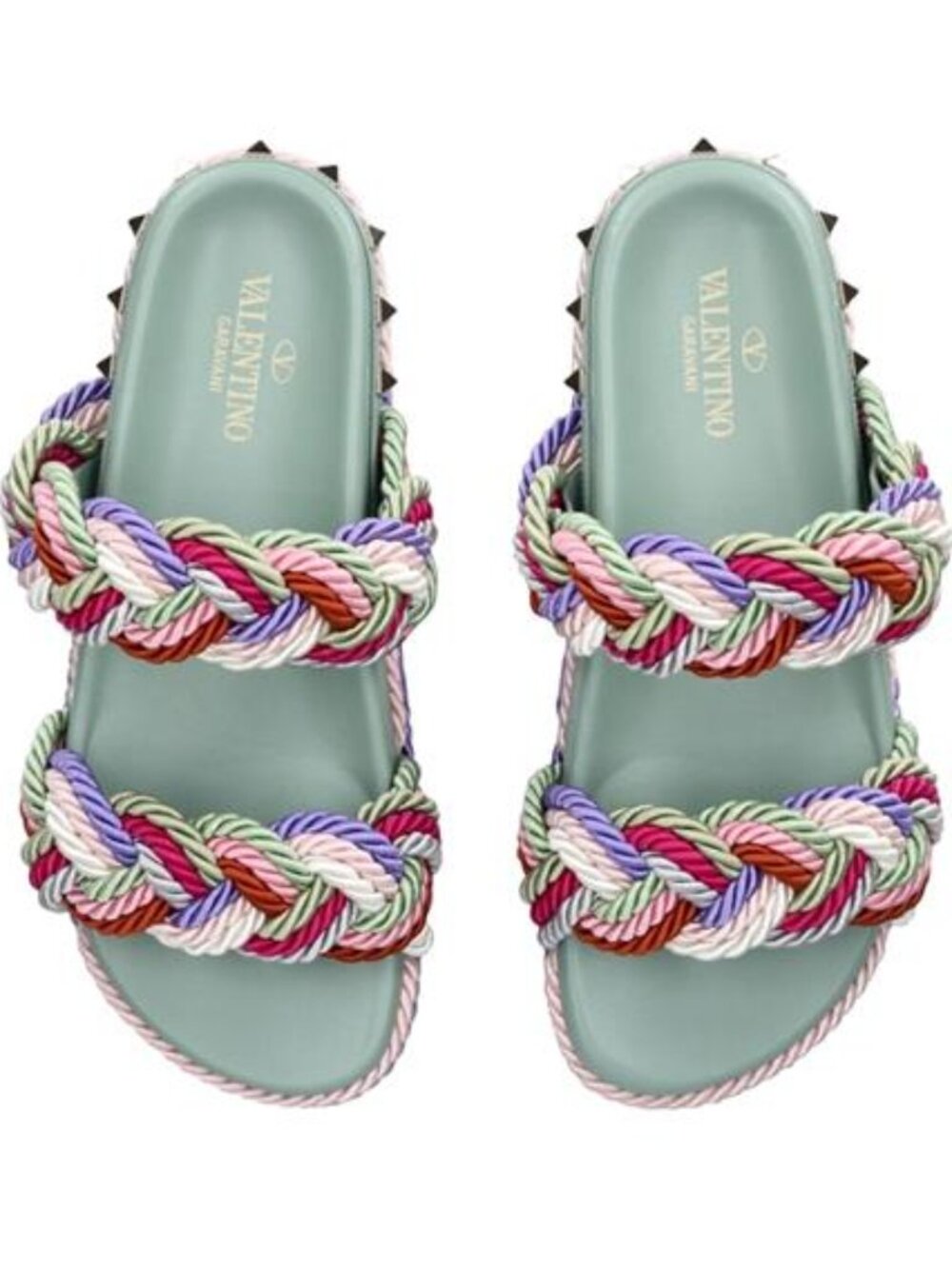 Valentino Rockstud Studded Torchon Braided Rope Flat Slides Sandals Shoes